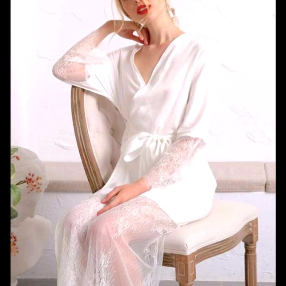 Royal Belted Silk Robe with Contrast Lace - Picture 1 of 4